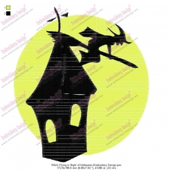 Witch Flying in Night of Halloween Embroidery Design